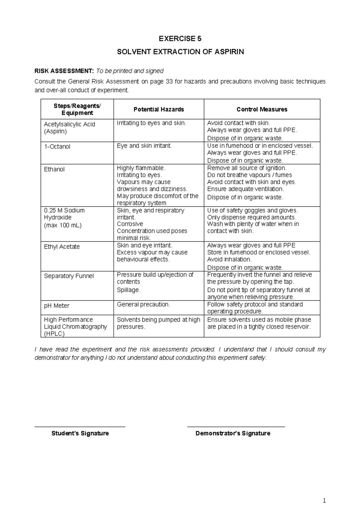 Experiment 5 Procedure 2024 EXERCISE 5 SOLVENT EXTRACTION OF ASPIRIN