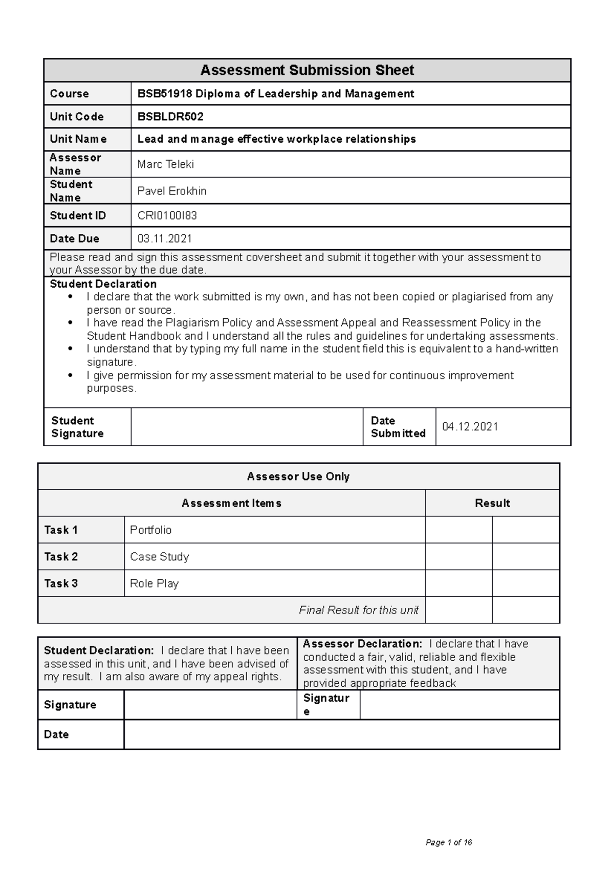 Bsbldr 502 Tasks 1 2 3 answered - Assessment Submission Sheet Course ...