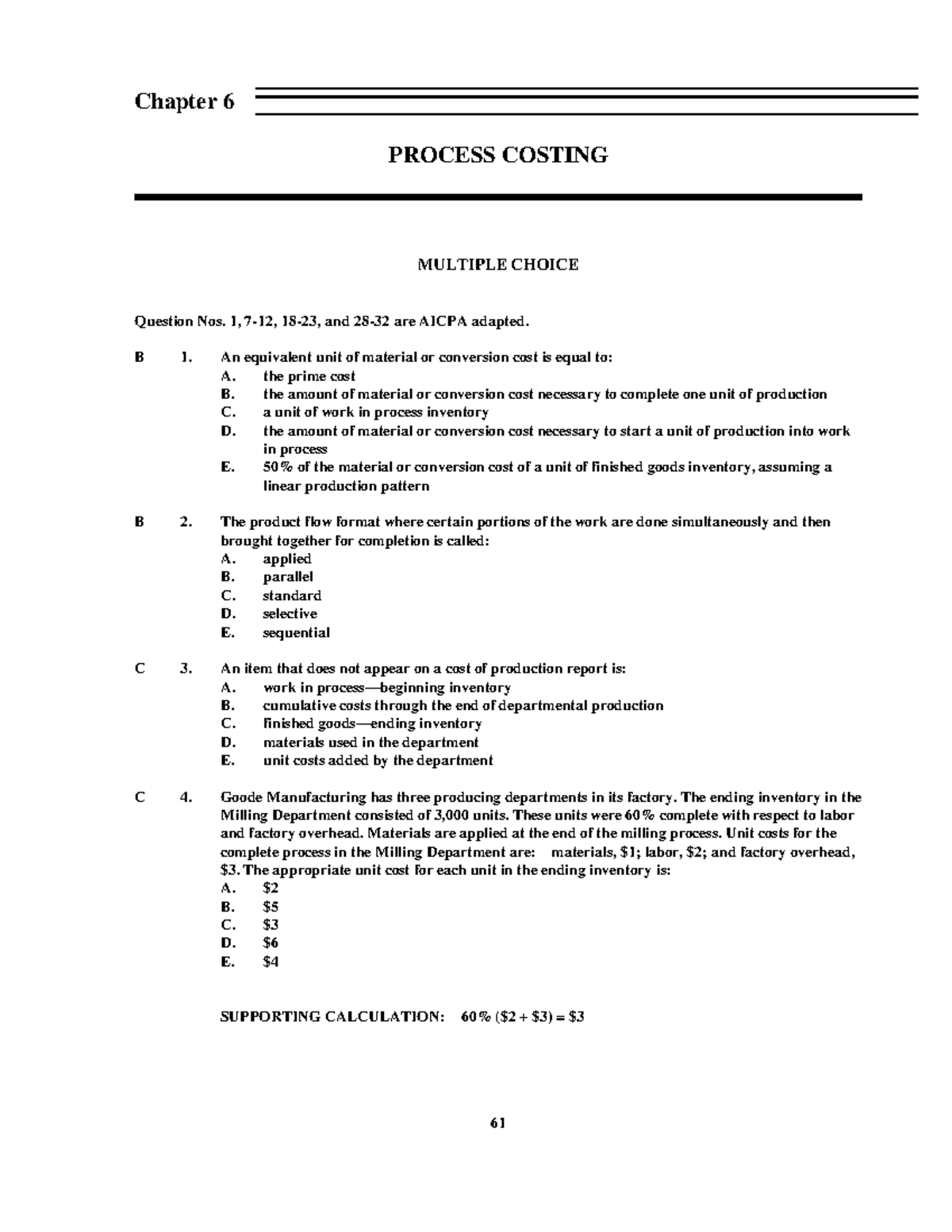 06 - Cost Accounting - 61 Chapter 6 PROCESS COSTING MULTIPLE CHOICE ...