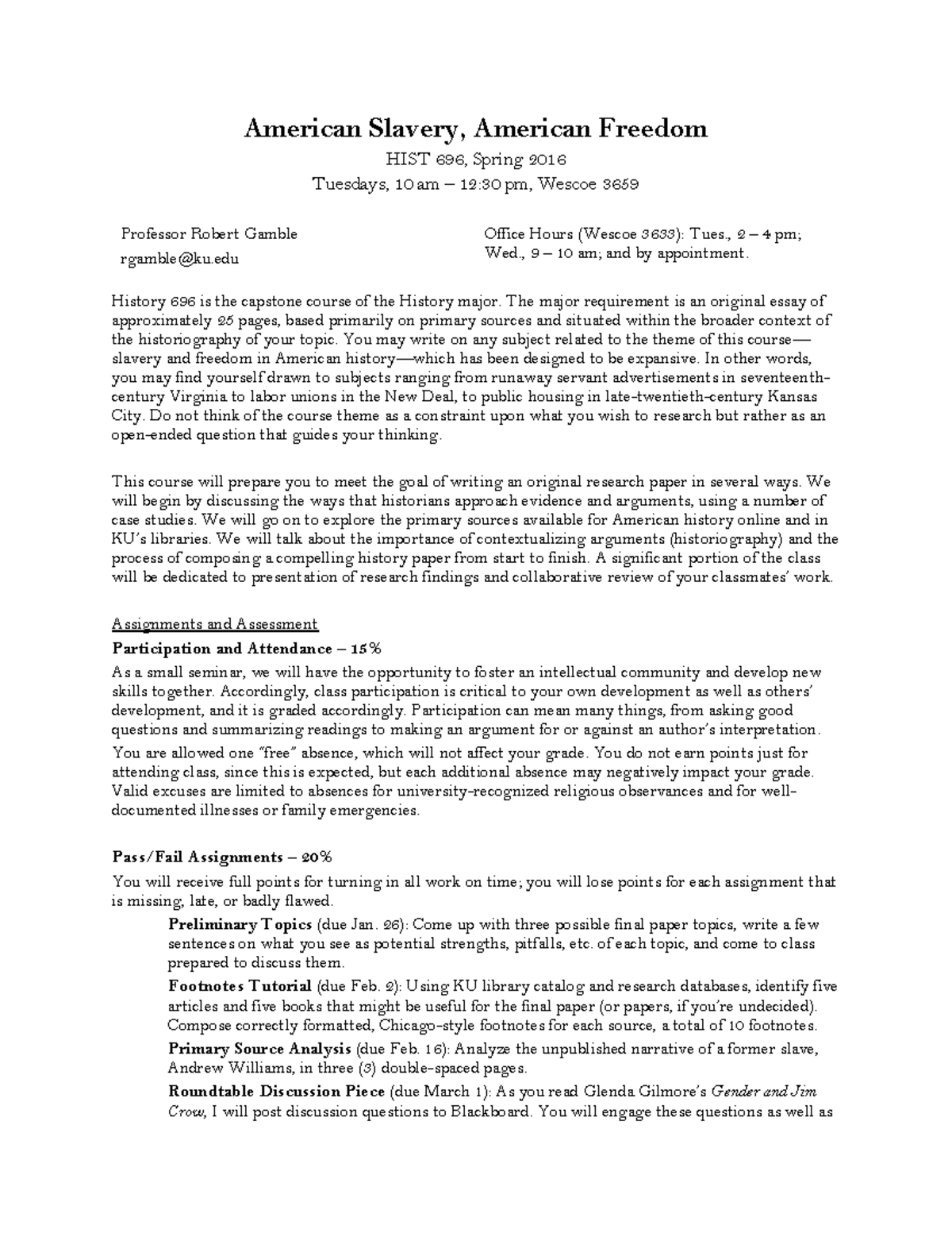 Syllabus HIST 696 American Slavery Ameri American Slavery, American