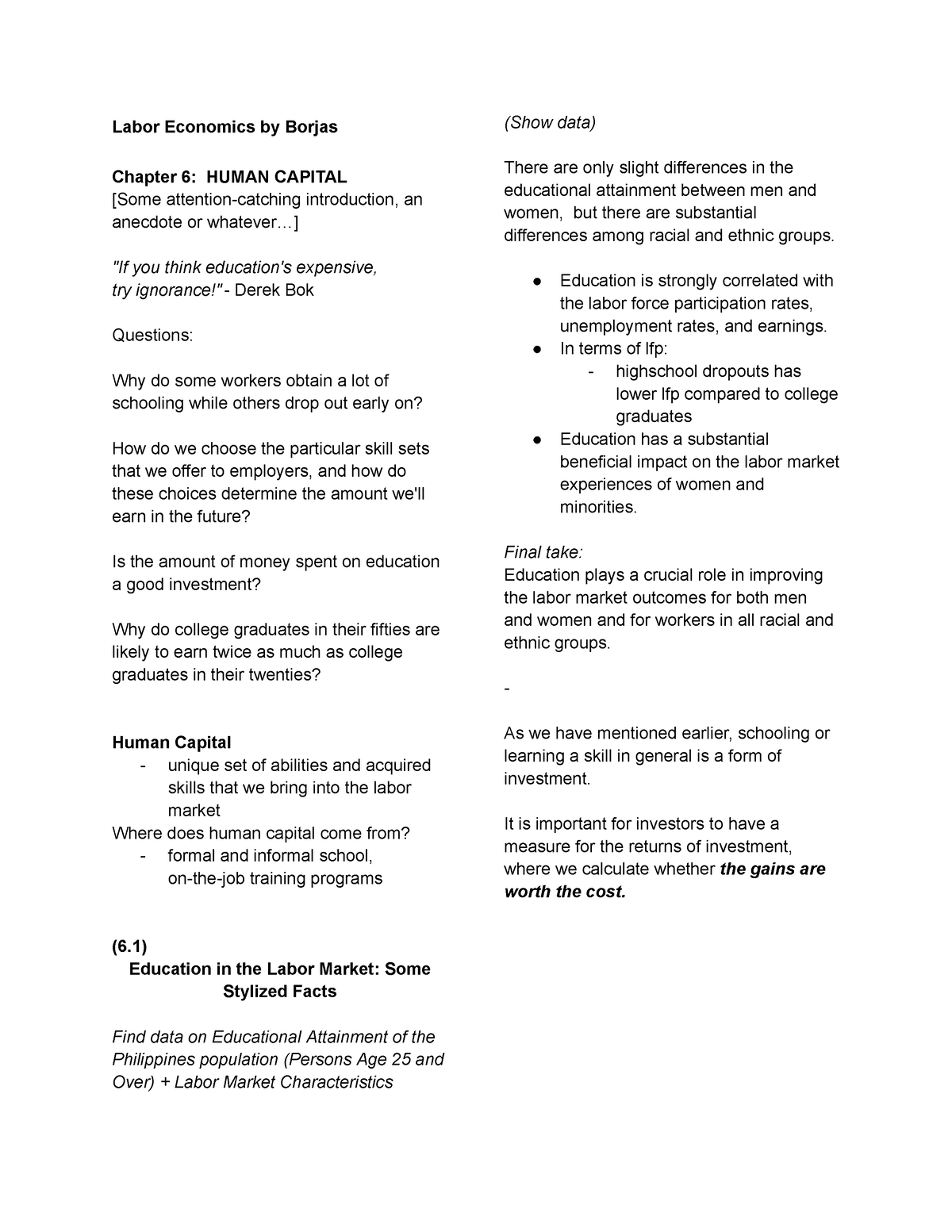 Labor Economics - Human Capital - Labor Economics by Borjas Chapter 6 ...