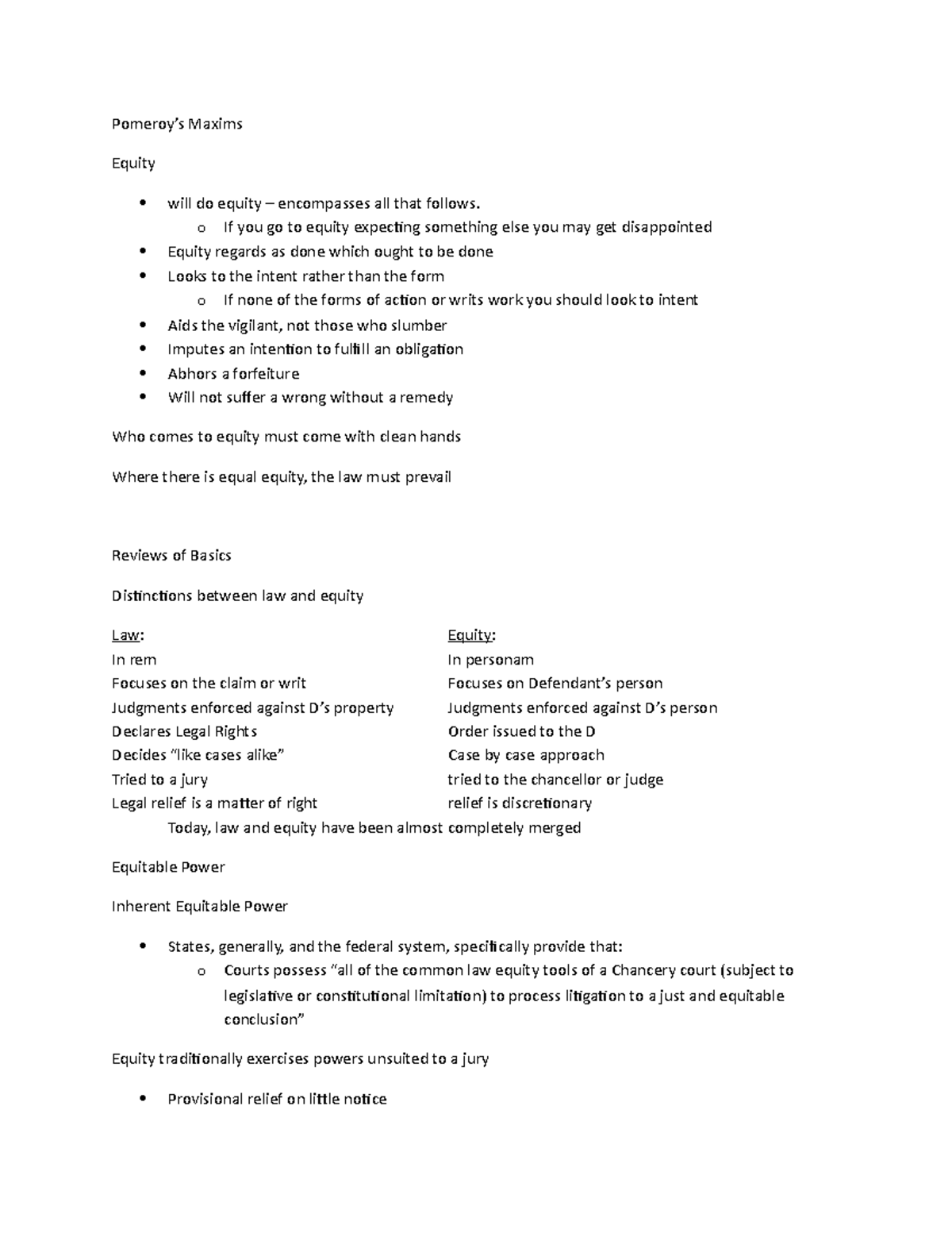 Pomeroy - outline - Pomeroy’s Maxims Equity will do equity ...