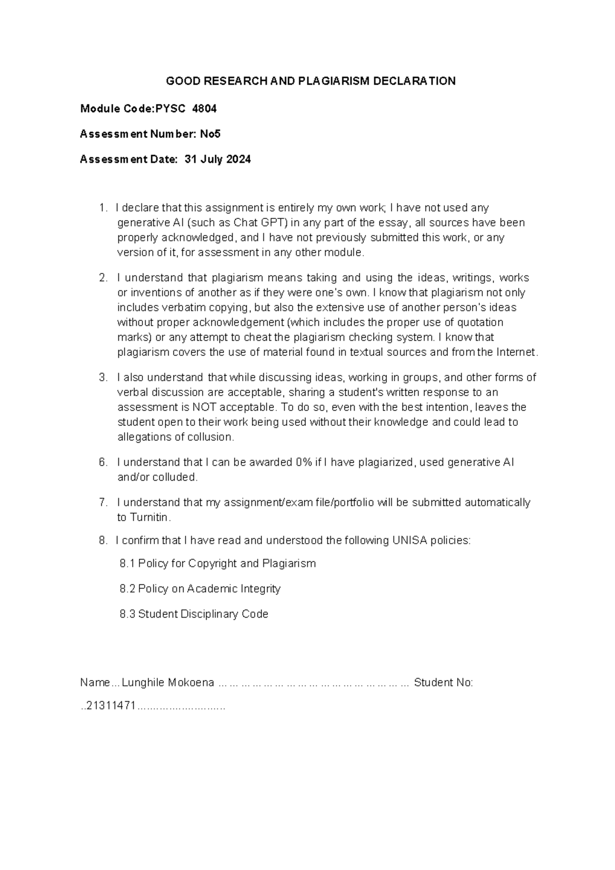 Plagarism - helpful - GOOD RESEARCH AND PLAGIARISM DECLARATION Module ...