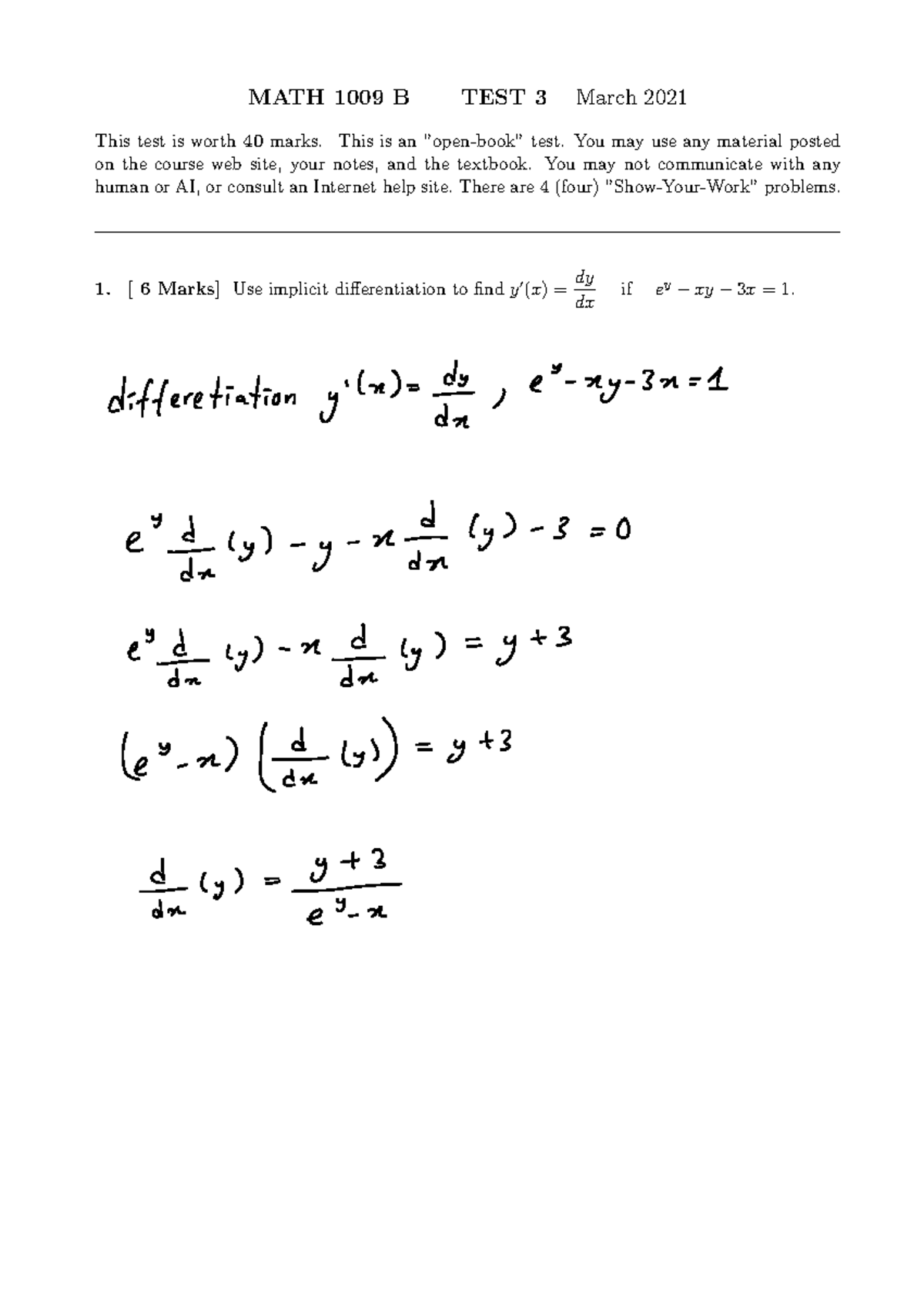Note Mar 15, 2021 4 33 27 PM - MATH 1009 B TEST 3 March 2021 This test ...