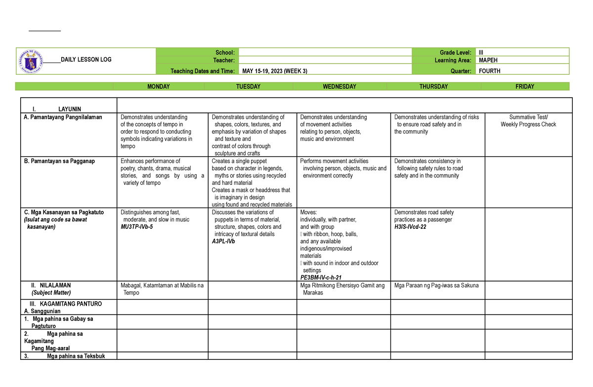 Mapeh 3 WEEK 3 - lesson plan - DAILY LESSON LOG School: Grade Level ...