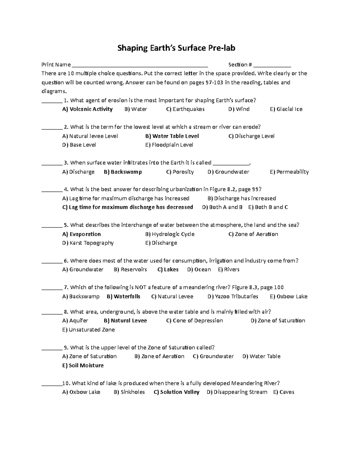 Shaping Earth's Surface Prelab Shaping Earth’s Surface Prelab Print