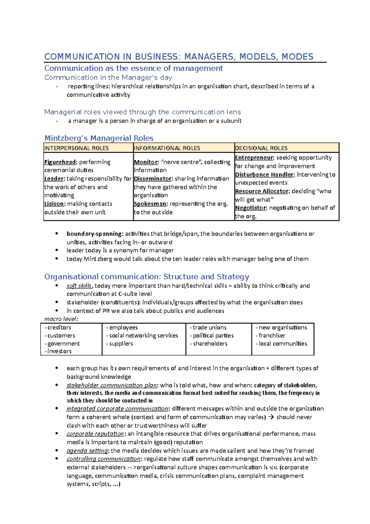 IBC Zusammenfassung - COMMUNICATION IN BUSINESS: MANAGERS, MODELS ...