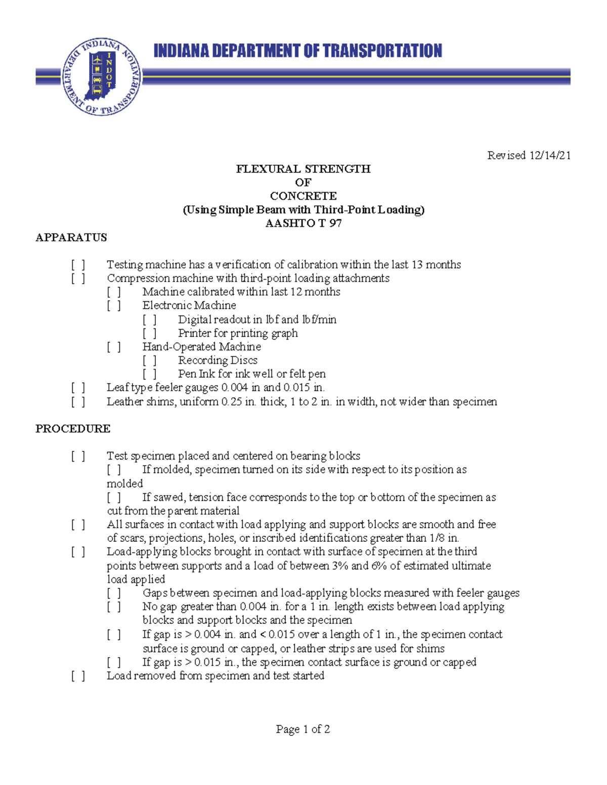 Aashto T-97 Check List - Page 1 of 2 Revised 12/14/ FLEXURAL STRENGTH ...