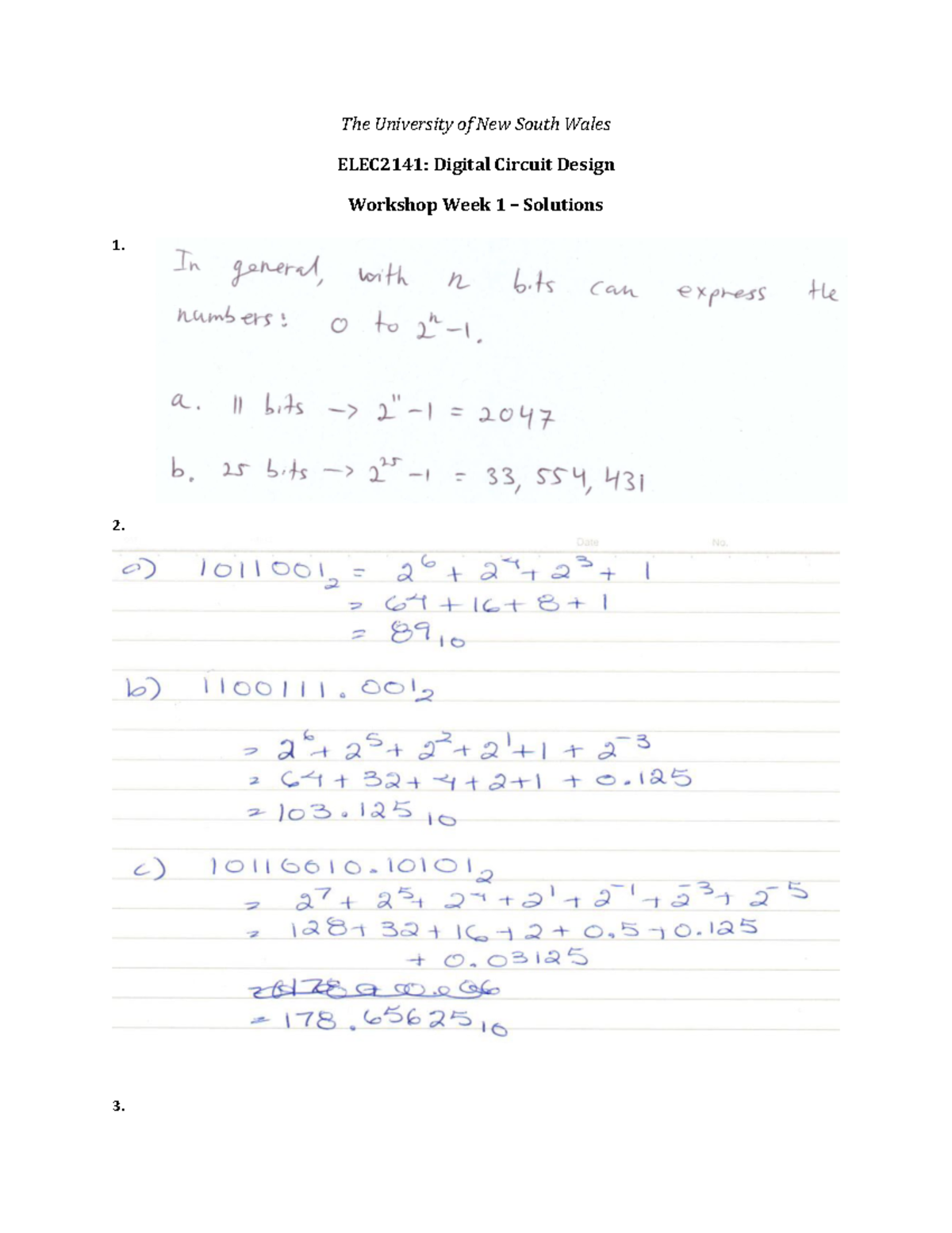 Workshop Week 1 solutions - The University of New South Wales ELEC2141 ...
