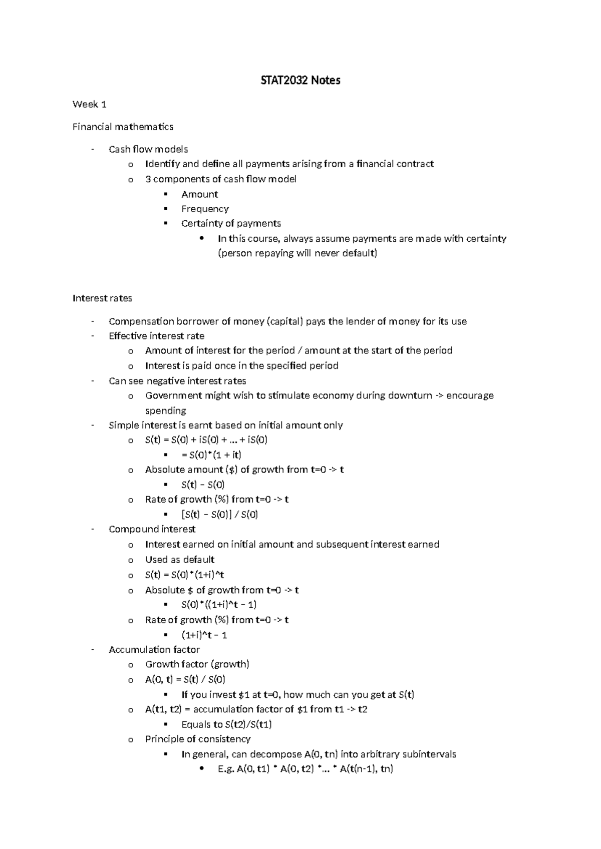 STAT2032 Notes - STAT2032 Notes Week 1 Financial mathematics - Cash ...