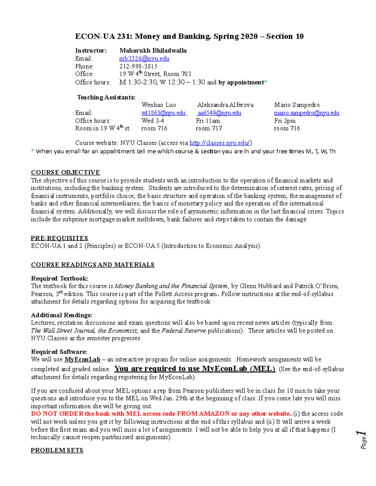 Syllabus spring 2020 section 10 ECONUA 231 Money and Banking