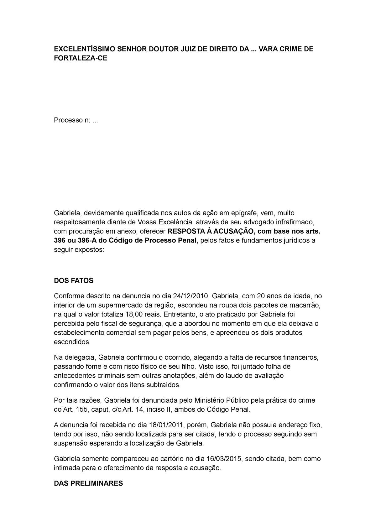 2º Peça Resposta A Acusação 061250 ExcelentÍssimo Senhor Doutor Juiz De Direito Da Vara 1498