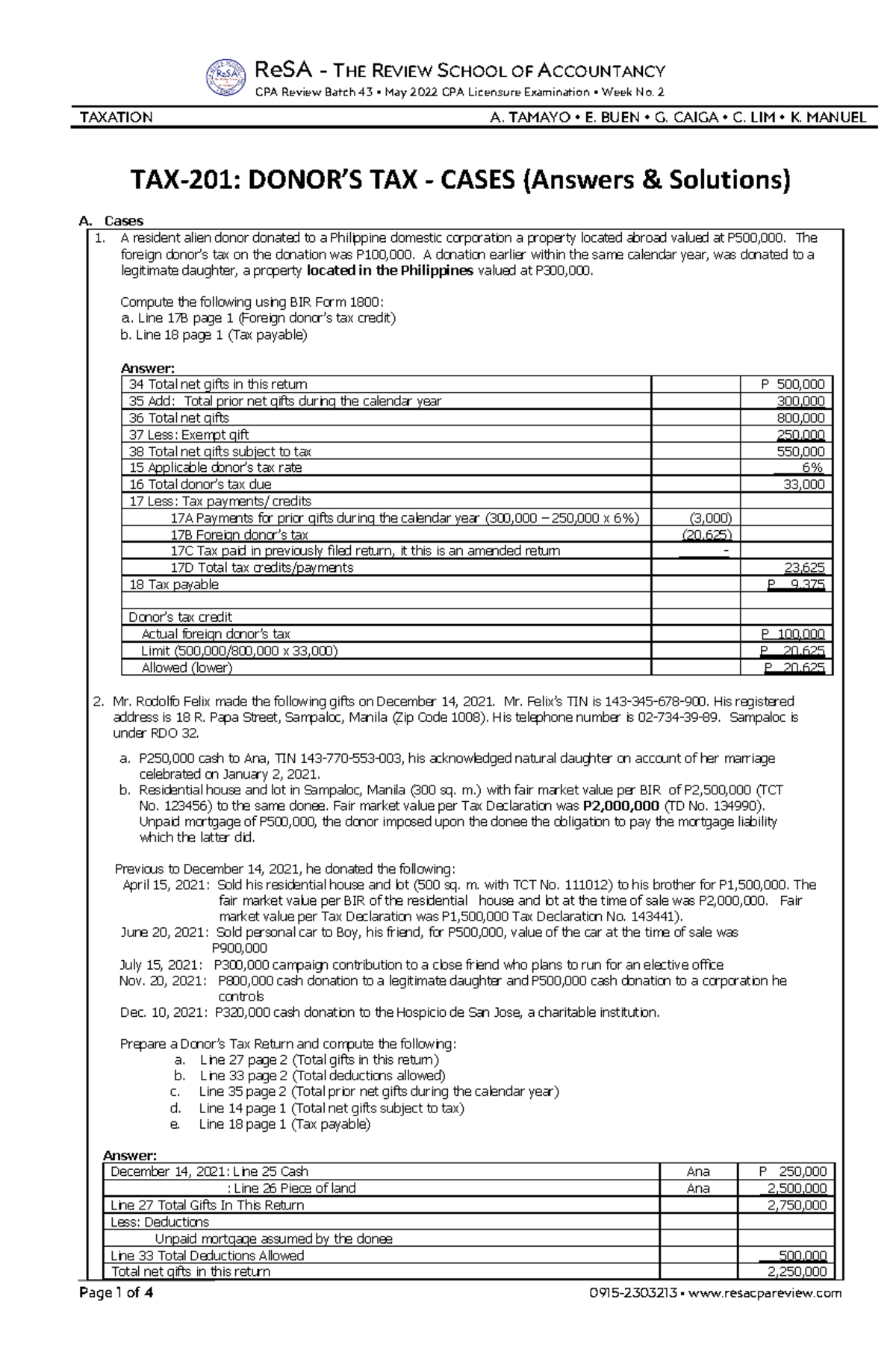 TAX-201 (Donor S Tax Cases - Answers Solutions) - ReSA - THE REVIEW ...