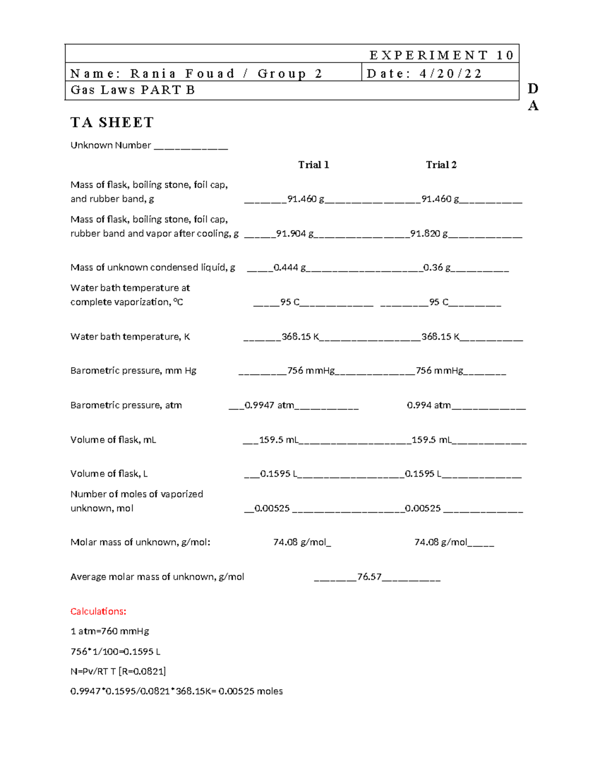 Chem+EXP+10+Part+B+Data+sheet - D A TA SH EET Unknown Number ...