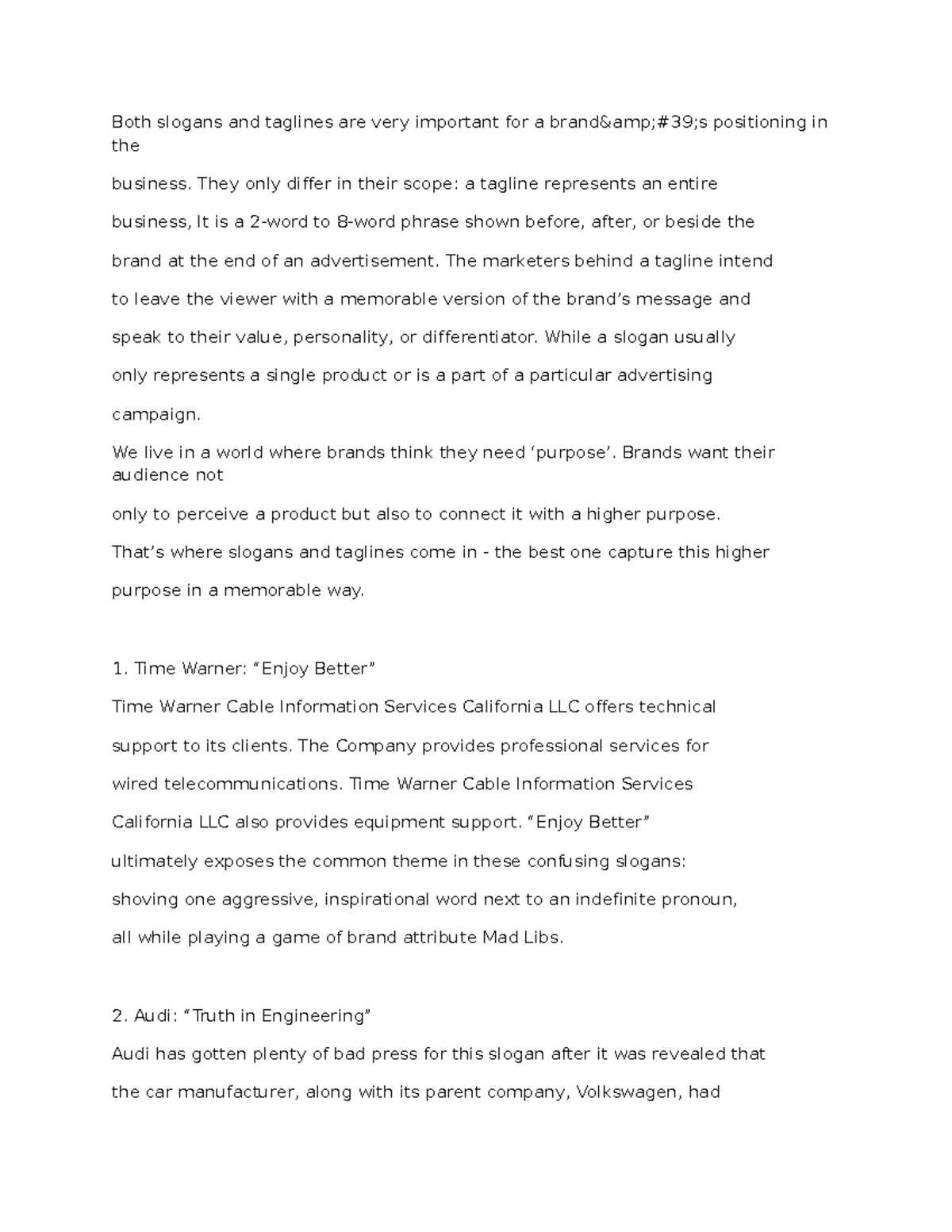 Concreteness list Both slogans and taglines are very important for a brand&39;s Studocu