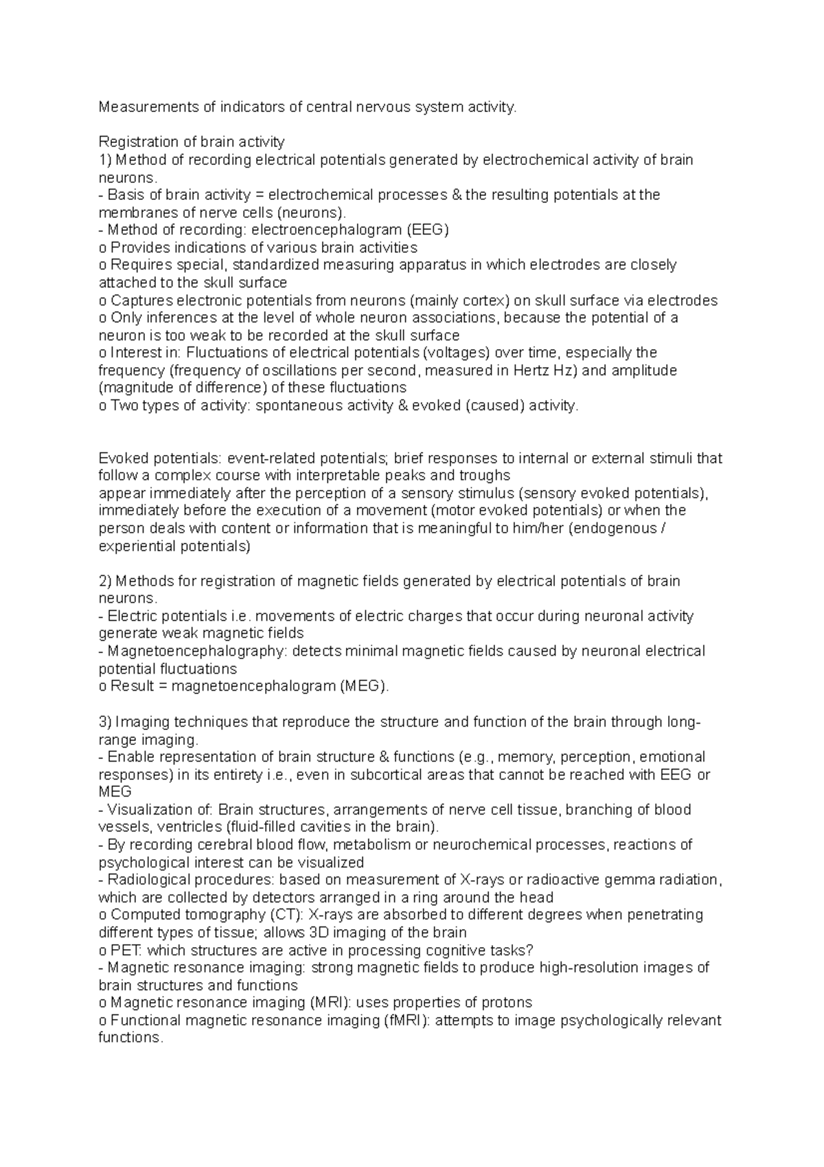 Measurements of indicators of central nervous system activity ...