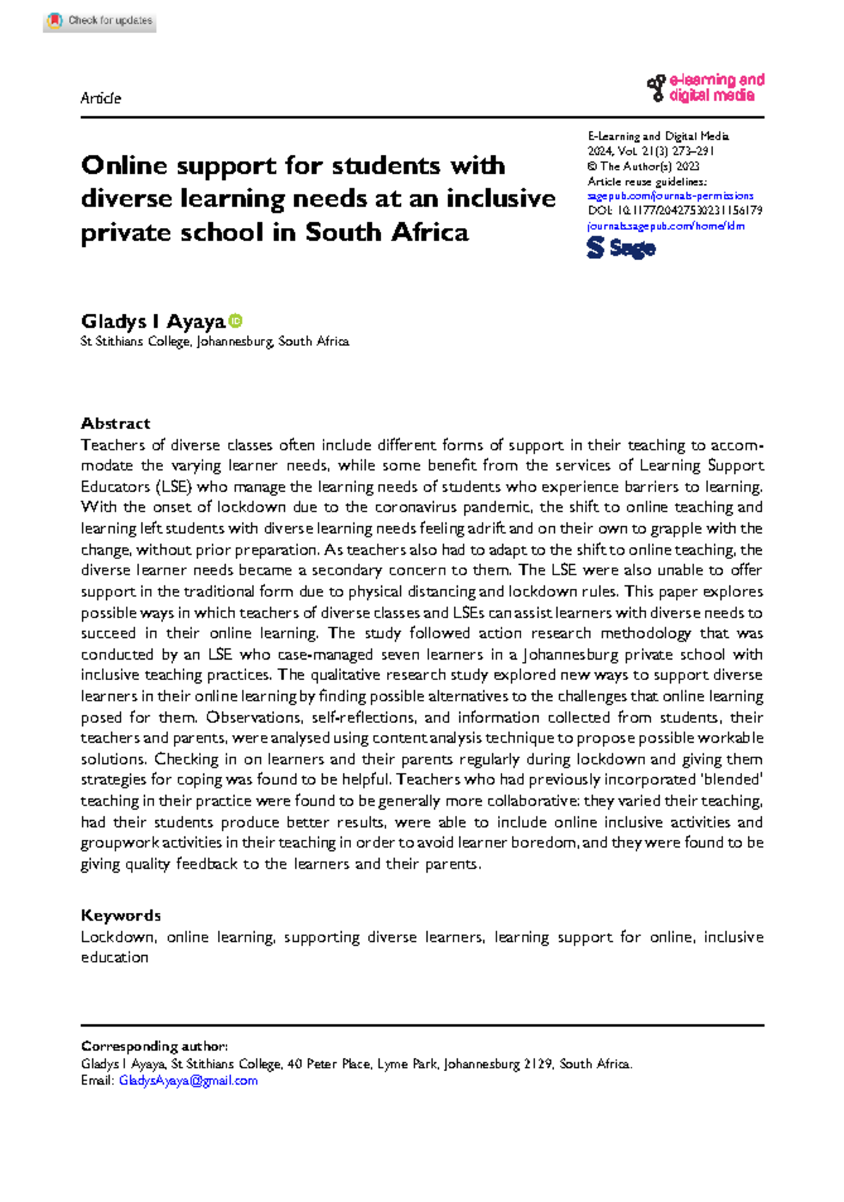 Online support for students - Article E-Learning and Digital Media 2024 ...