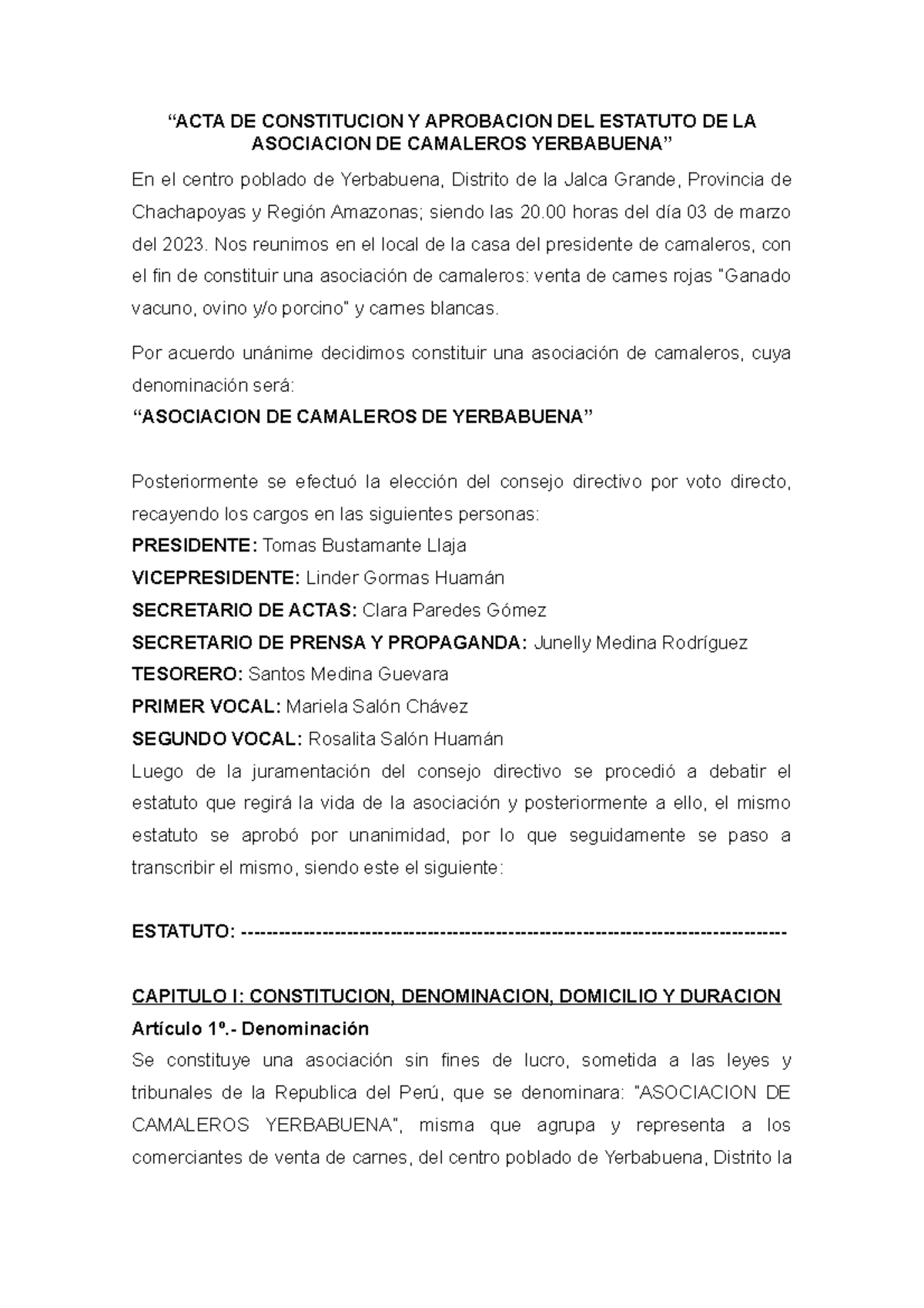 Estatuto Camaleros Yerbabuena 5 - “ACTA DE CONSTITUCION Y APROBACION ...