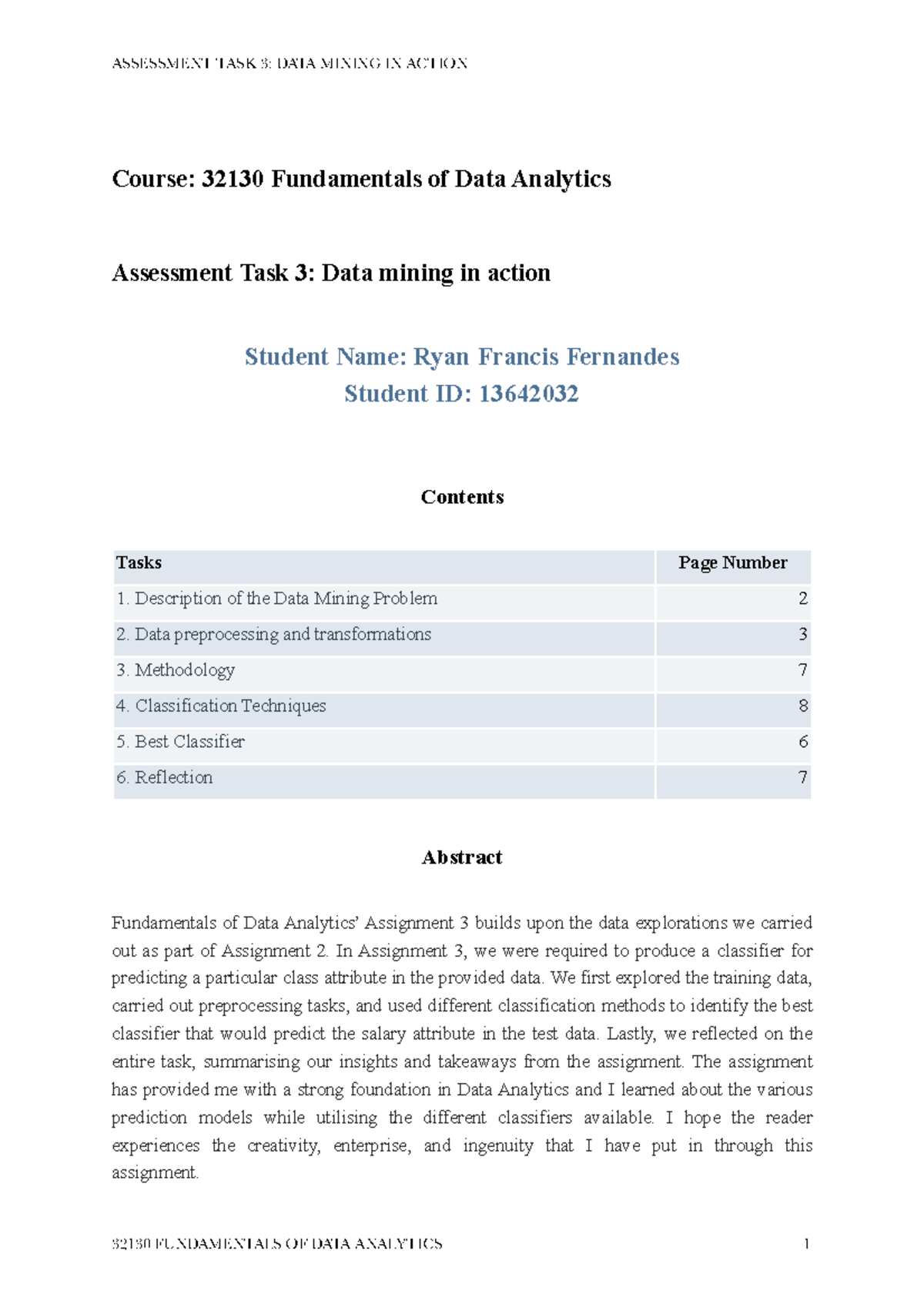 Fda a3 13642032 - hgmgdj - Course: 32130 Fundamentals of Data Analytics ...