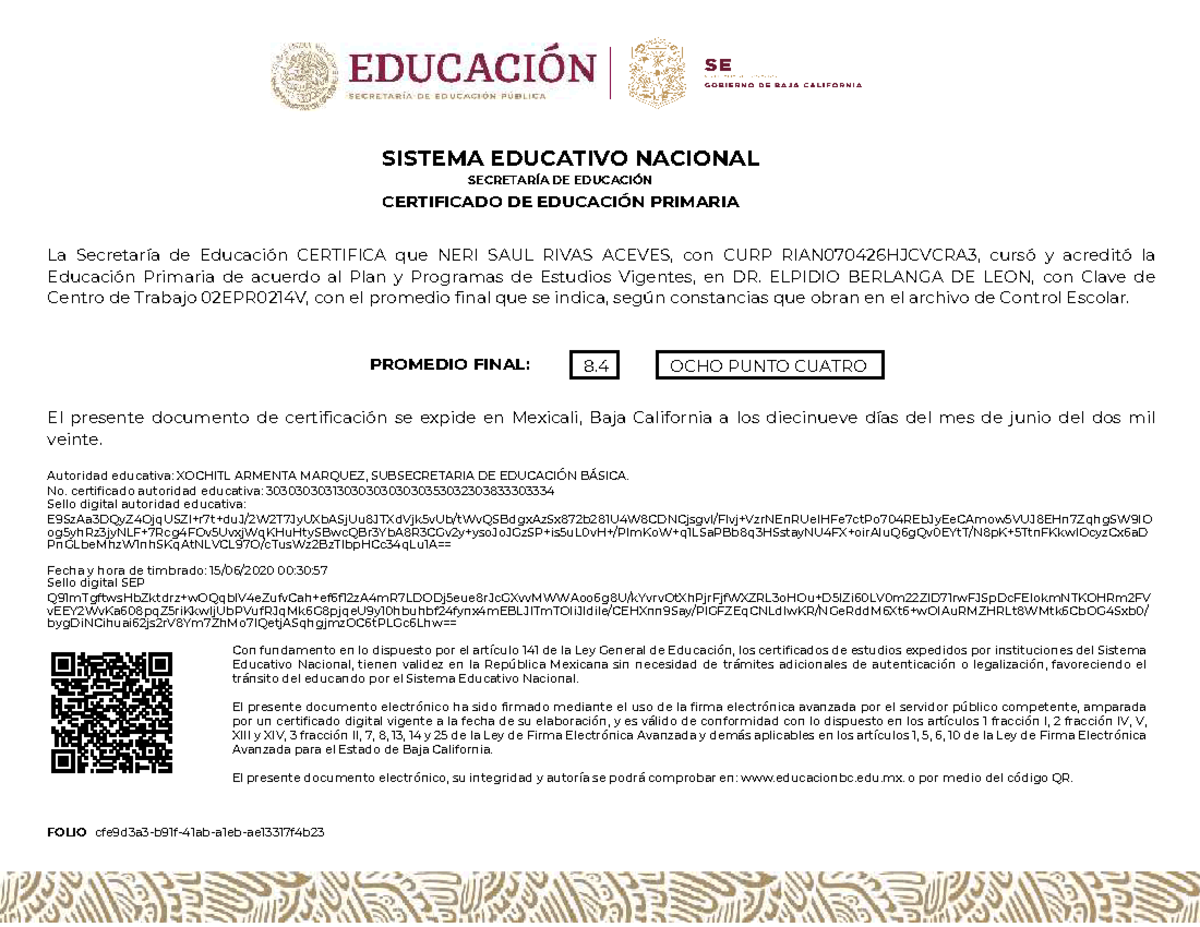 Certificado - ff4fd - SISTEMA EDUCATIVO NACIONAL SECRETARÍA DE