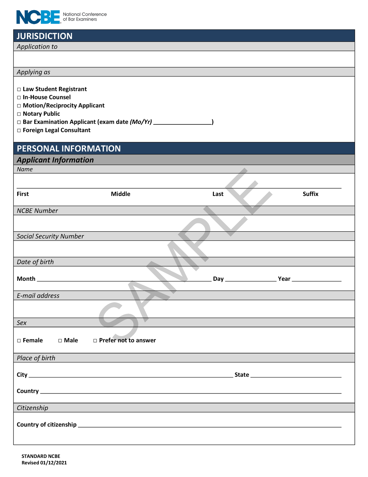 NCBE Character and Fitness Sample Application 4 JURISDICTION