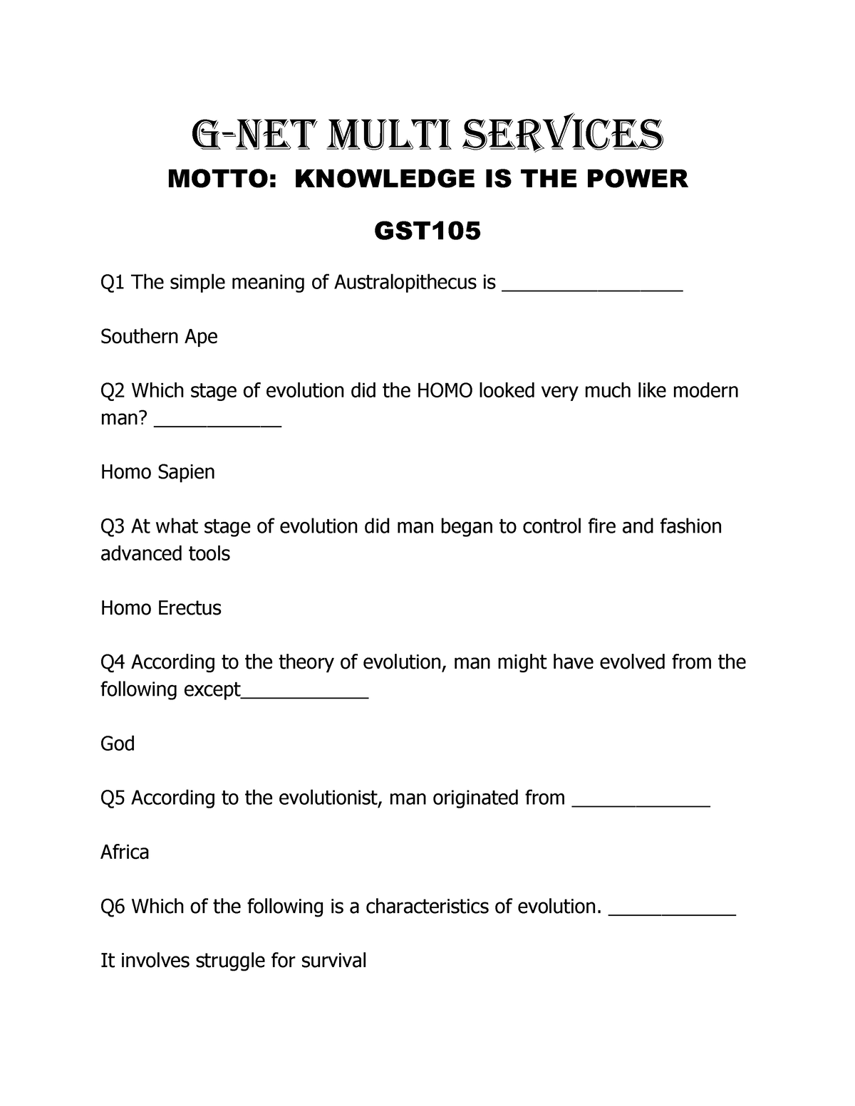 GST105 EXAM Summary - G-NET MULTI SERVICES MOTTO: KNOWLEDGE IS THE ...