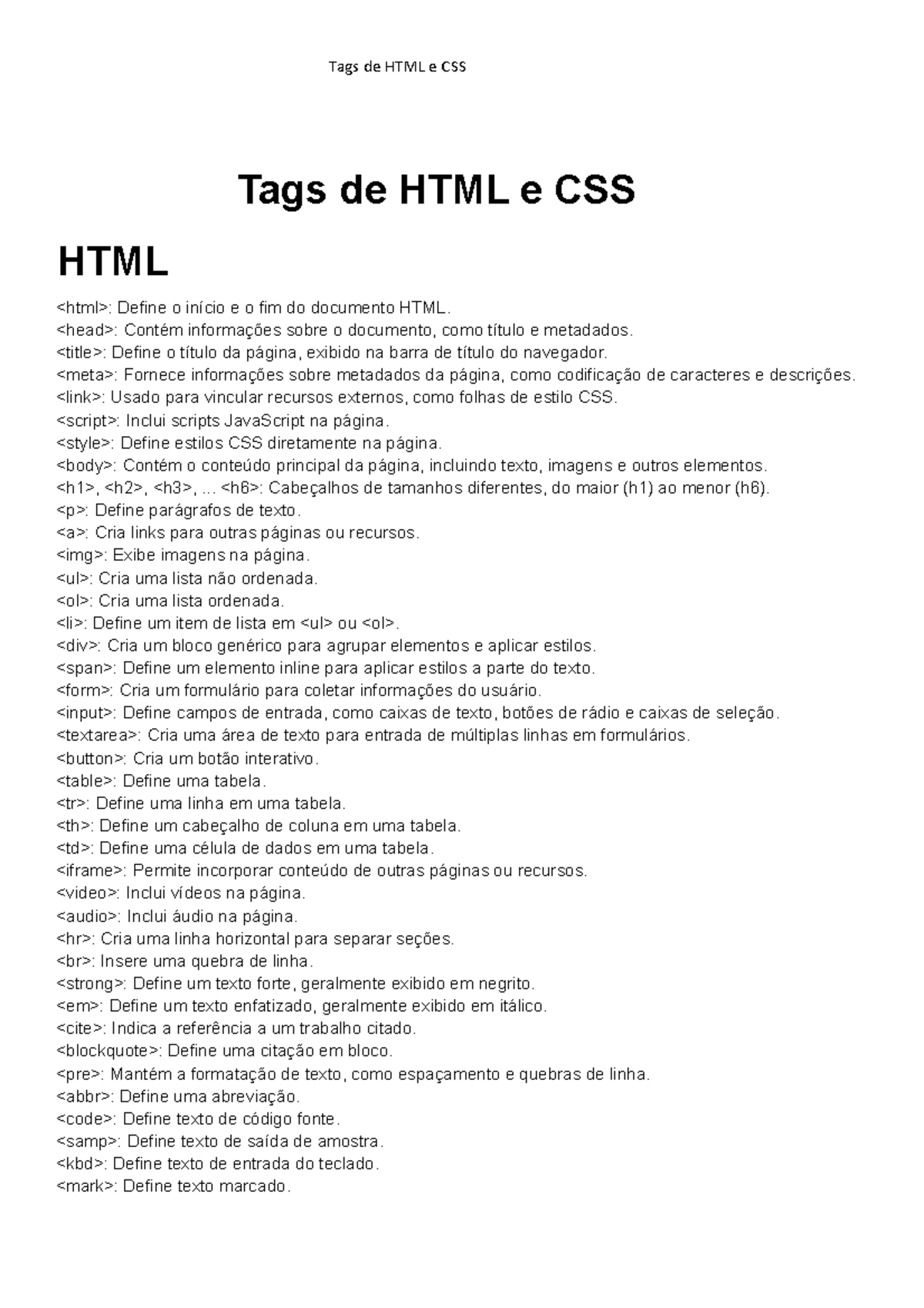 Tags de HTML e CSS - html e css tags - Tags de HTML e CSS HTML : Define ...