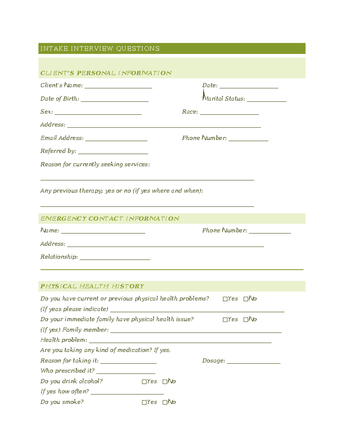 Intake Interview Questions - INTAKE INTERVIEW QUESTIONS CLIENT’S ...
