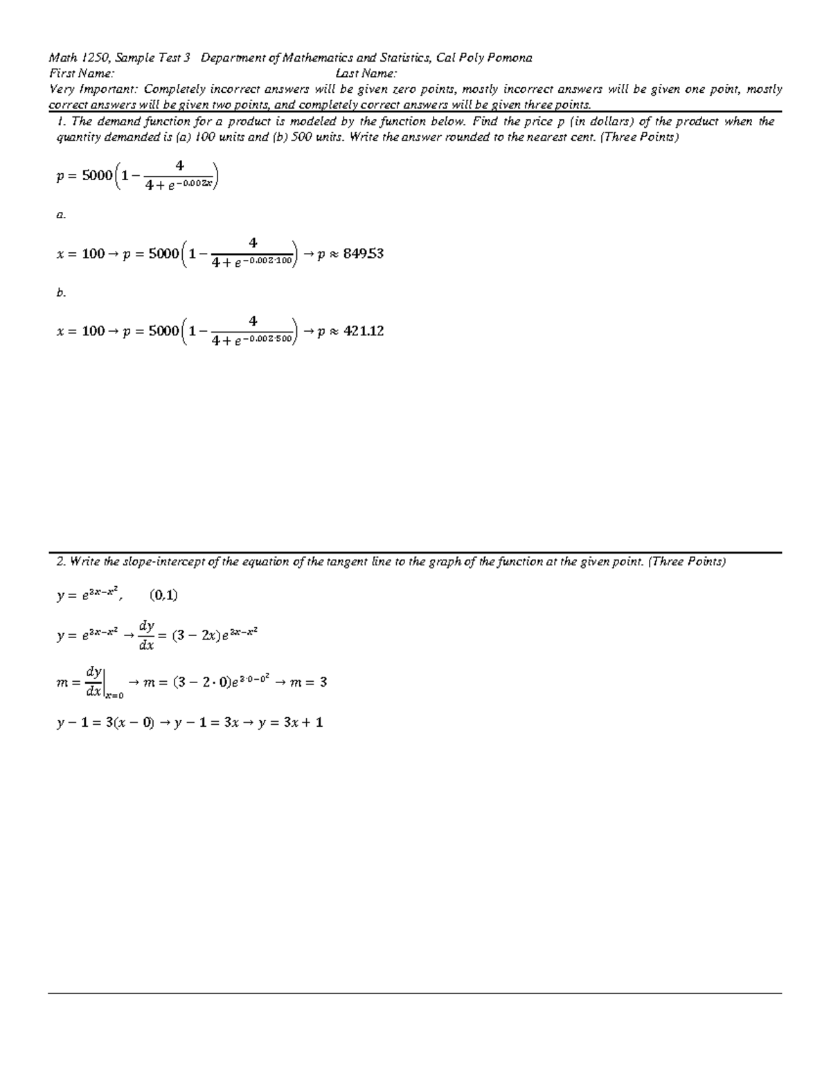 Mathematics 1250 Sample Test 3 Answer Key - First Name: Last Name: Very ...