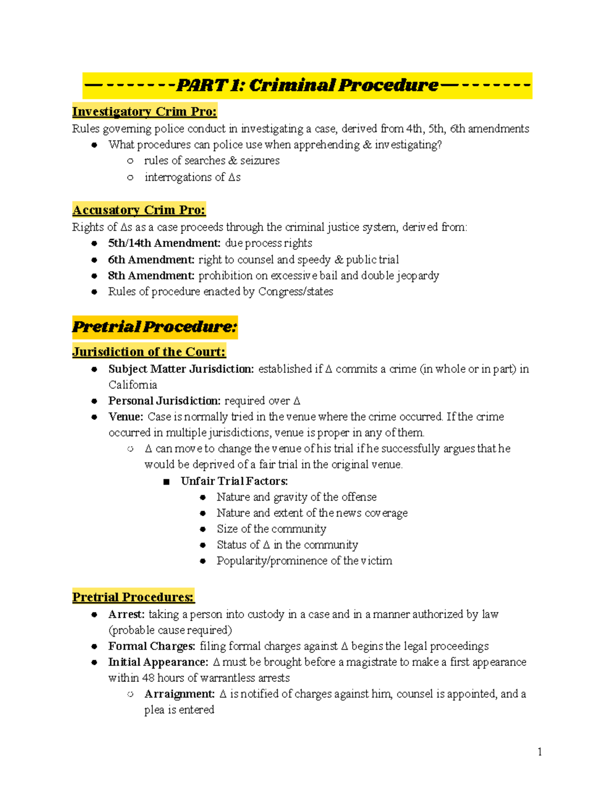 CRIM PRO Myers Spring 2024 - —-PART 1: Criminal Procedure ...