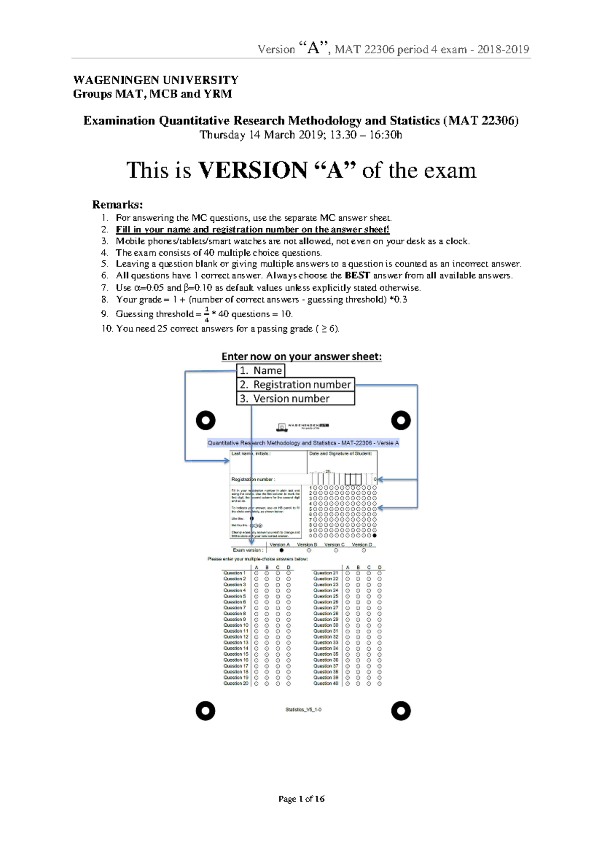 Exam MAT22306 Period 4 2018-2019 Version A - WAGENINGEN UNIVERSITY ...