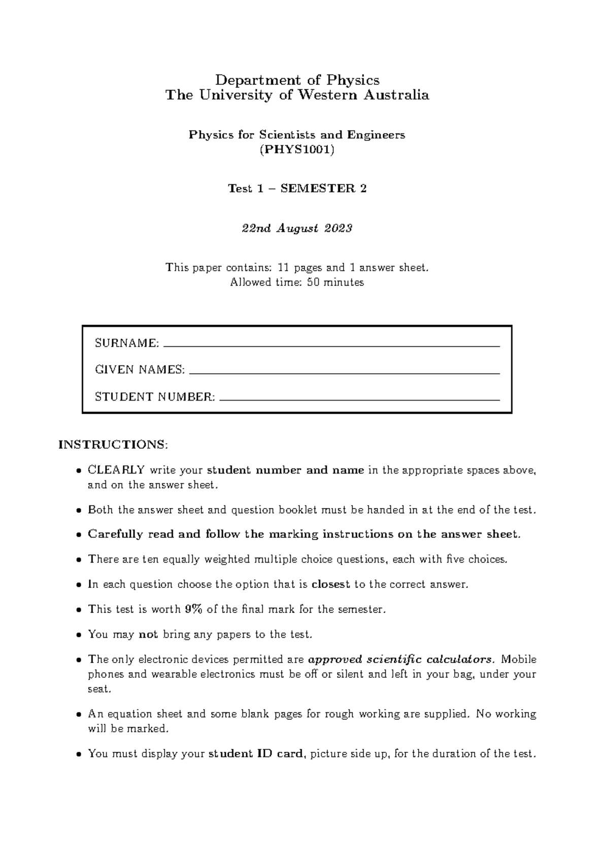 PHYS1001 Test 1 - Exam Paper - Semester 2 2023 - Department of Physics ...