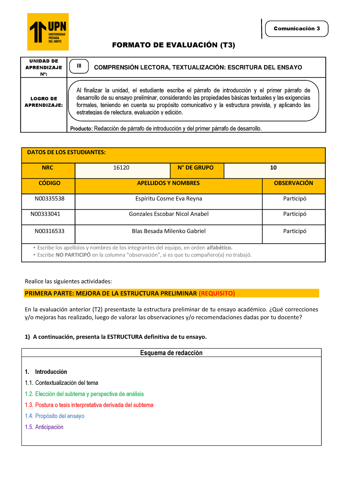 Grupo 10 Comu3 - Examen Comu 3 - FORMATO DE EVALUACI”N (T3) UNIDAD DE ...