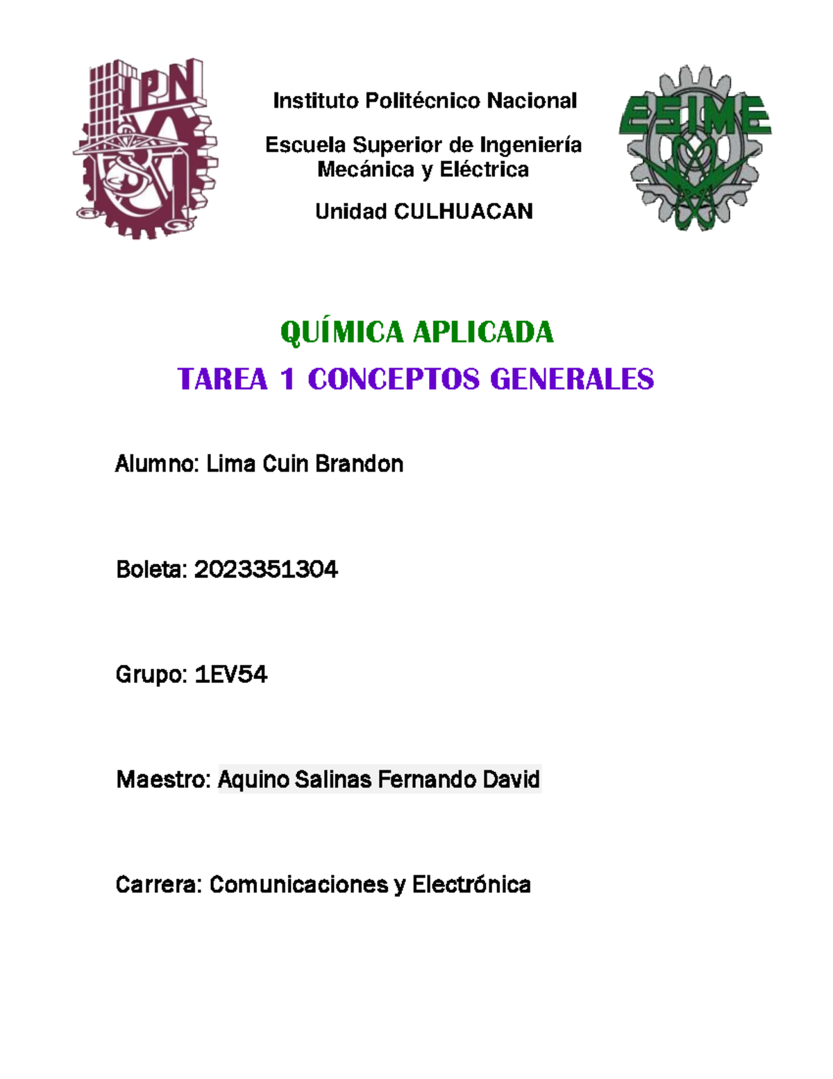 LIMA CUIN Brandon Tarea 1 Conceptos Generales - QUÍMICA APLICADA TAREA ...