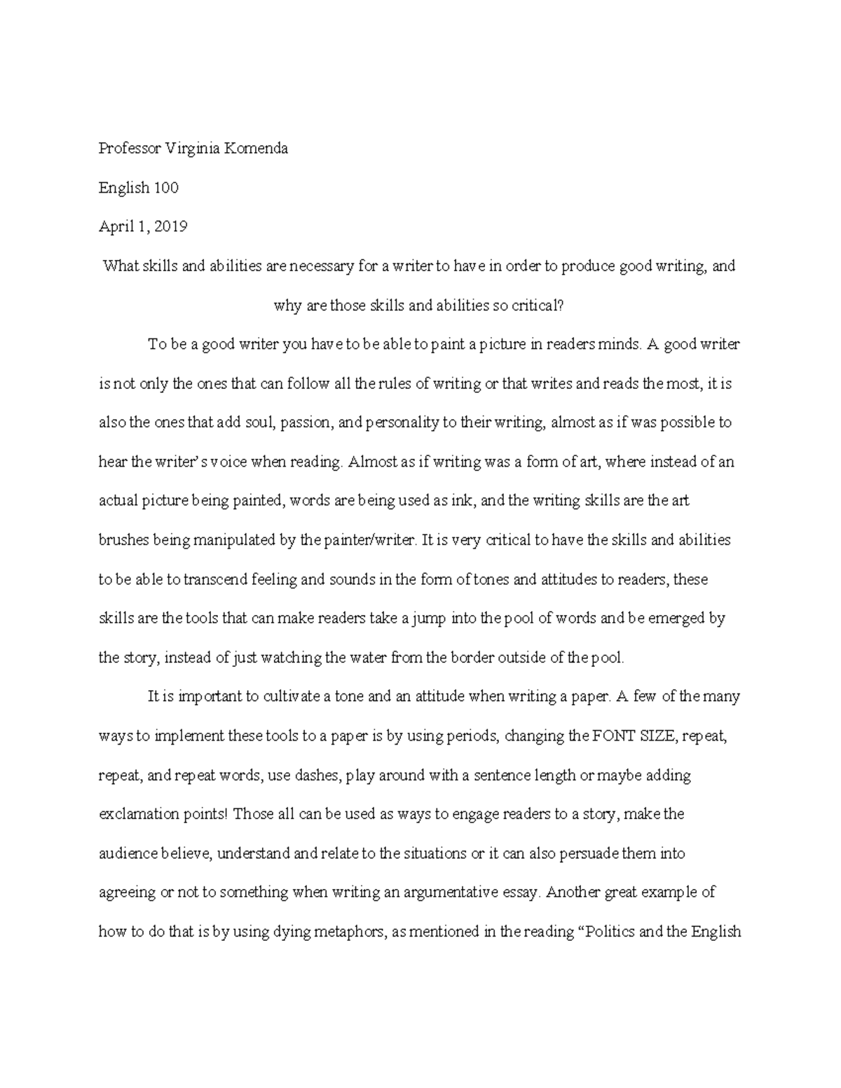 Midterm essay - Grade: A/95% - Professor Virginia Komenda English 100 ...