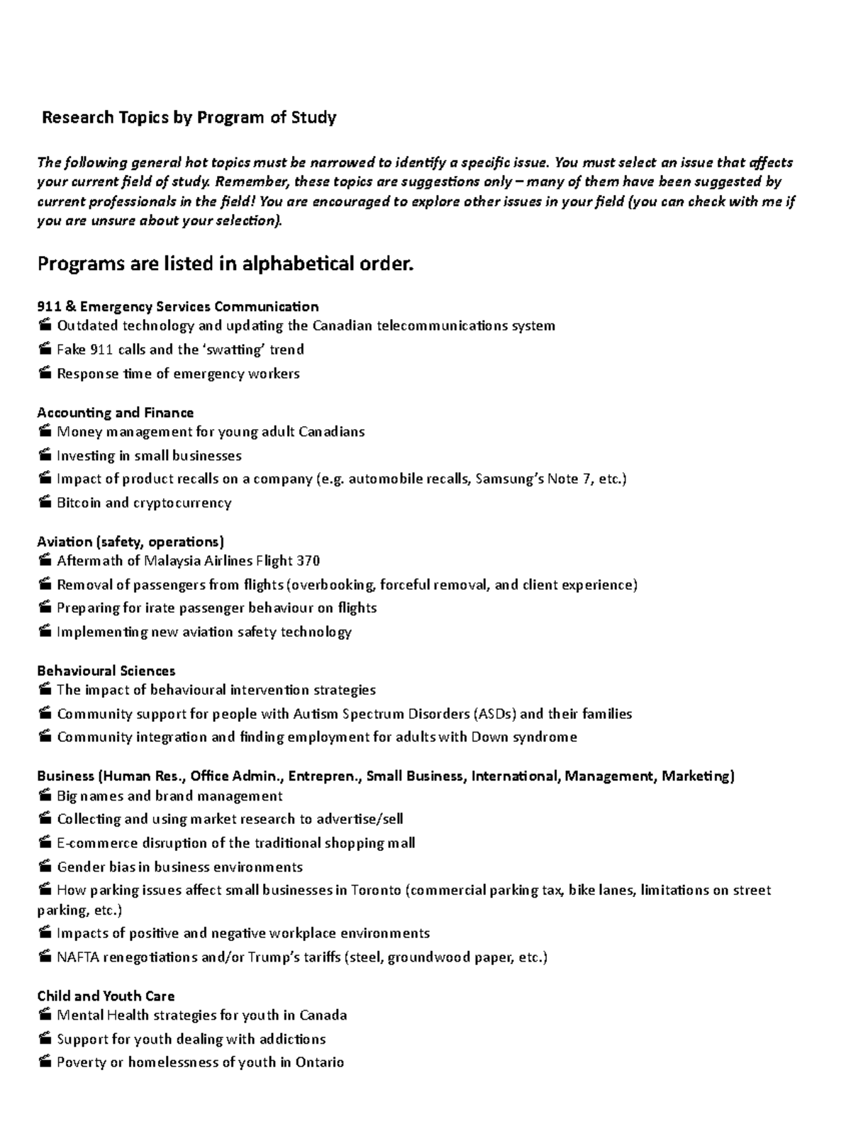 Research Topics by Program of Study - You must select an issue that ...
