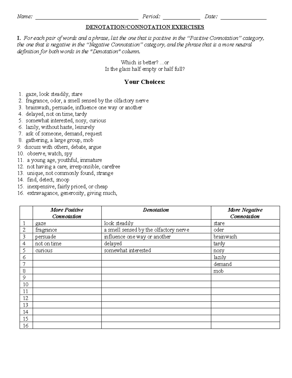 Copy of Connotation Denotation Worksheet 2 - Name