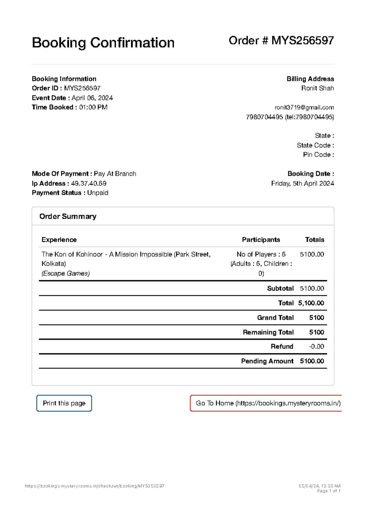 Mystery Rooms-Booking Confirmation - Booking Confirmation Order # MYS ...