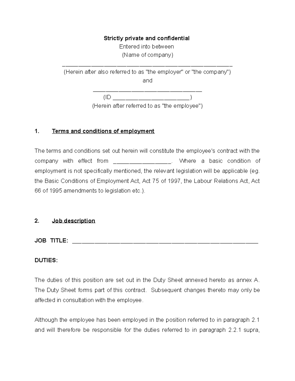 Employment contract - draft - Strictly private and confidential Entered ...