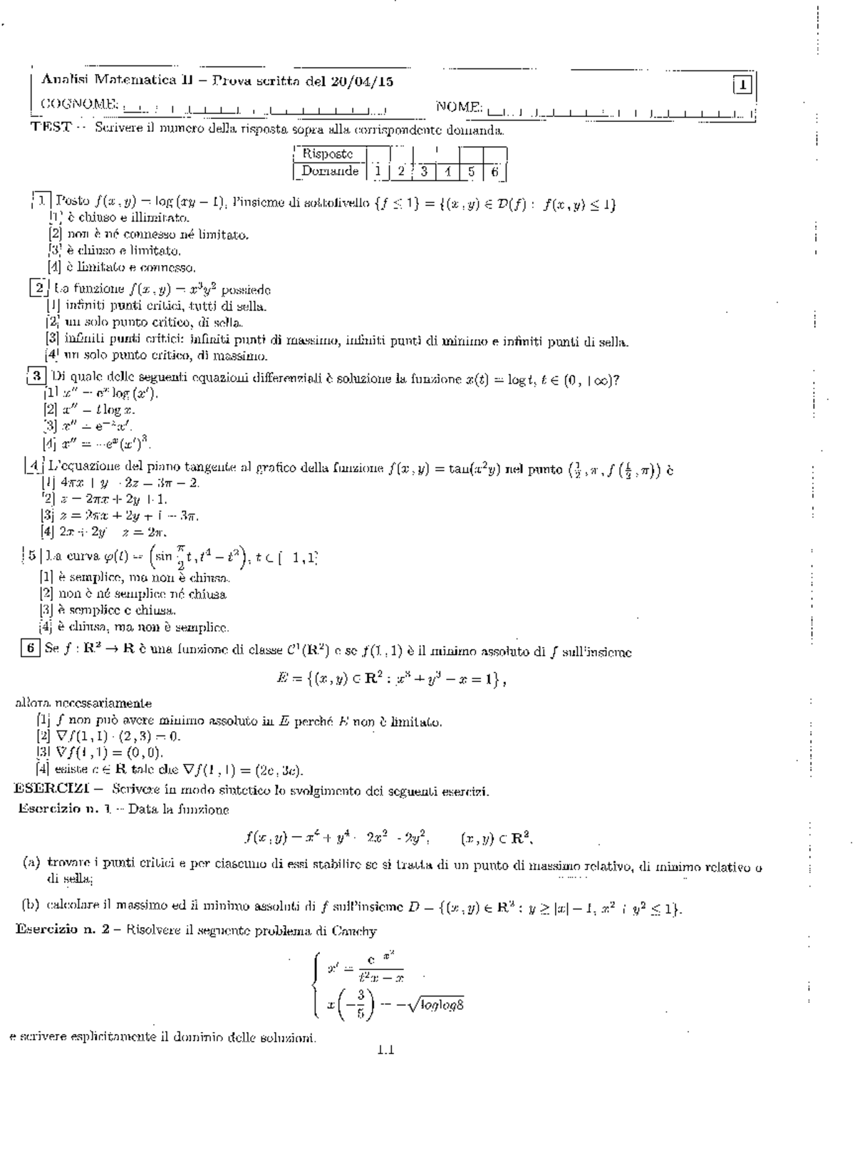 Esercizi 2 - Analisi 2 Esercitazioni - Analisi Matematica 2 - Studocu