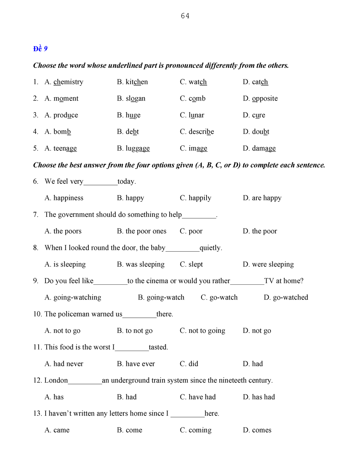 Đề Luyện 09 - Test - Đề 9 Choose The Word Whose Underlined Part Is ...