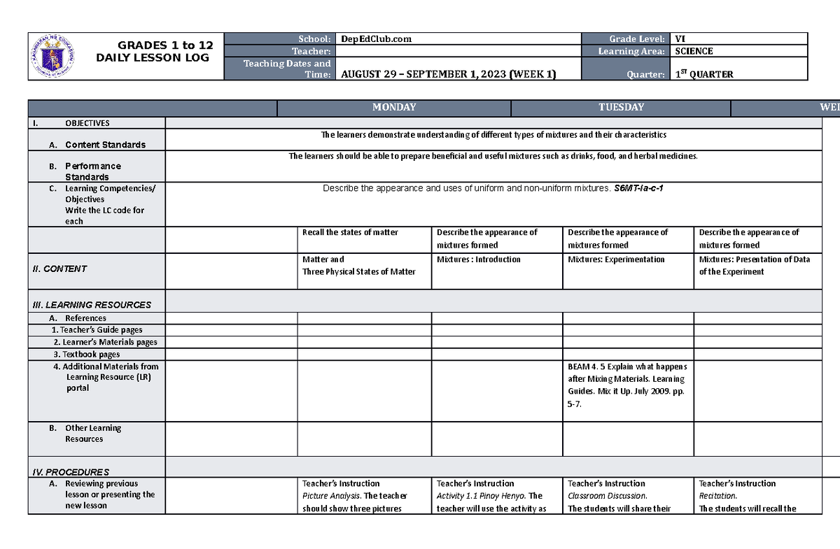 DLL Science 6 Q1 W1 - None - GRADES 1 to 12 DAILY LESSON LOG School ...