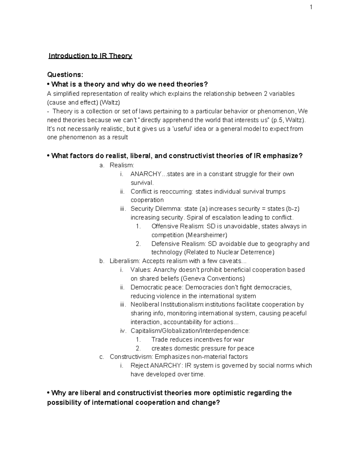IAFF Final Exam Study Guide - Introduction to IR Theory Questions: What ...