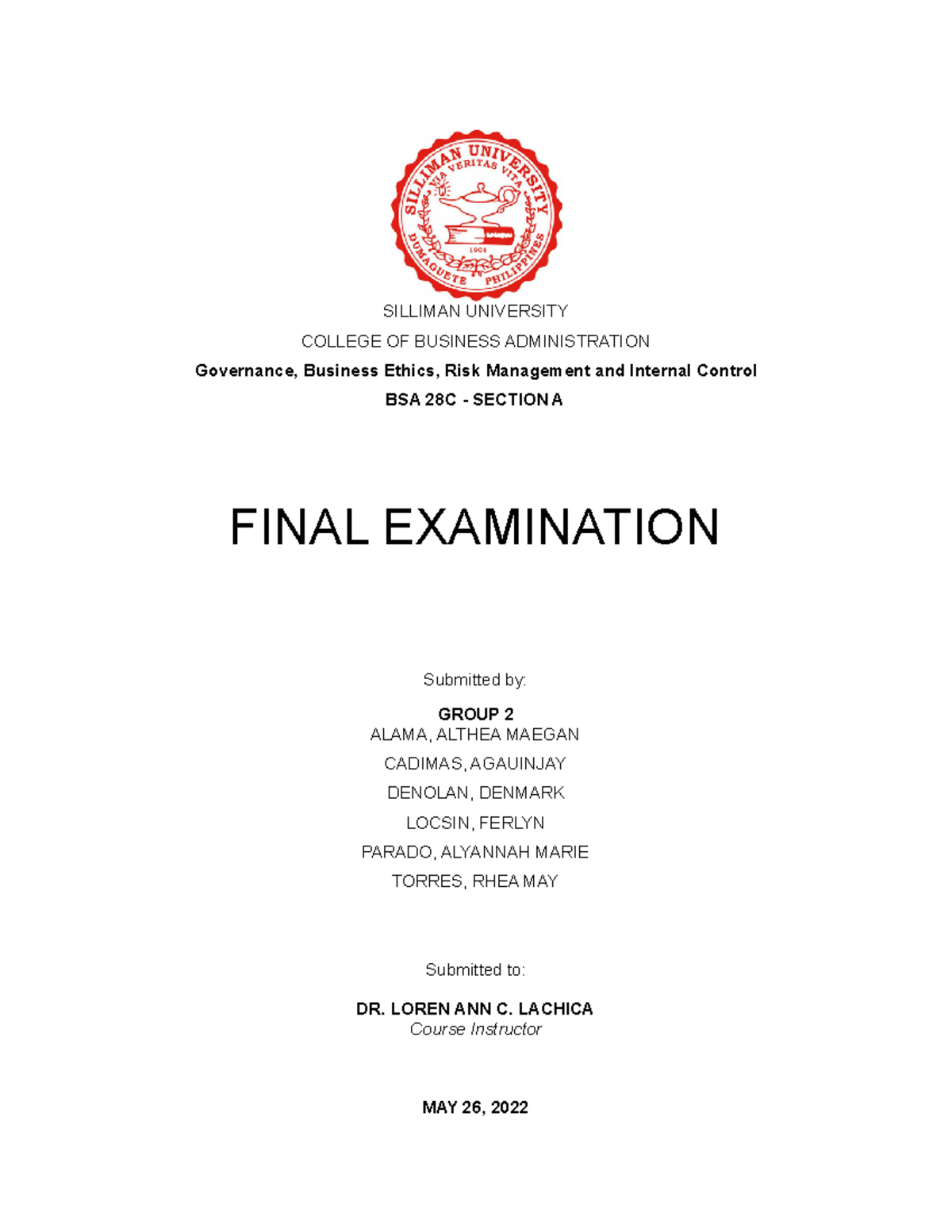 Group 2 Final Examination - SILLIMAN UNIVERSITY COLLEGE OF BUSINESS ...