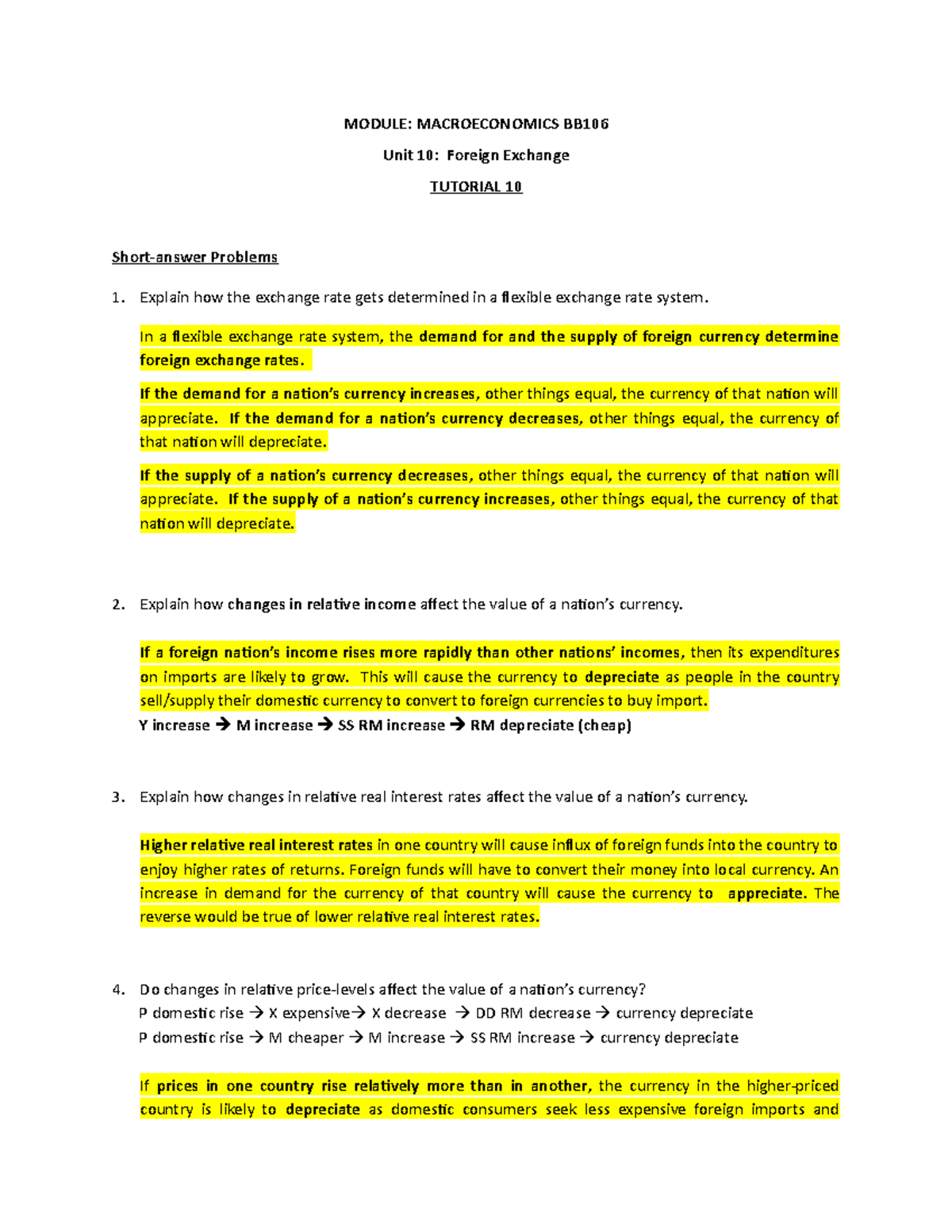 T10 L - answer - MODULE: MACROECONOMICS BB Unit 10: Foreign Exchange ...