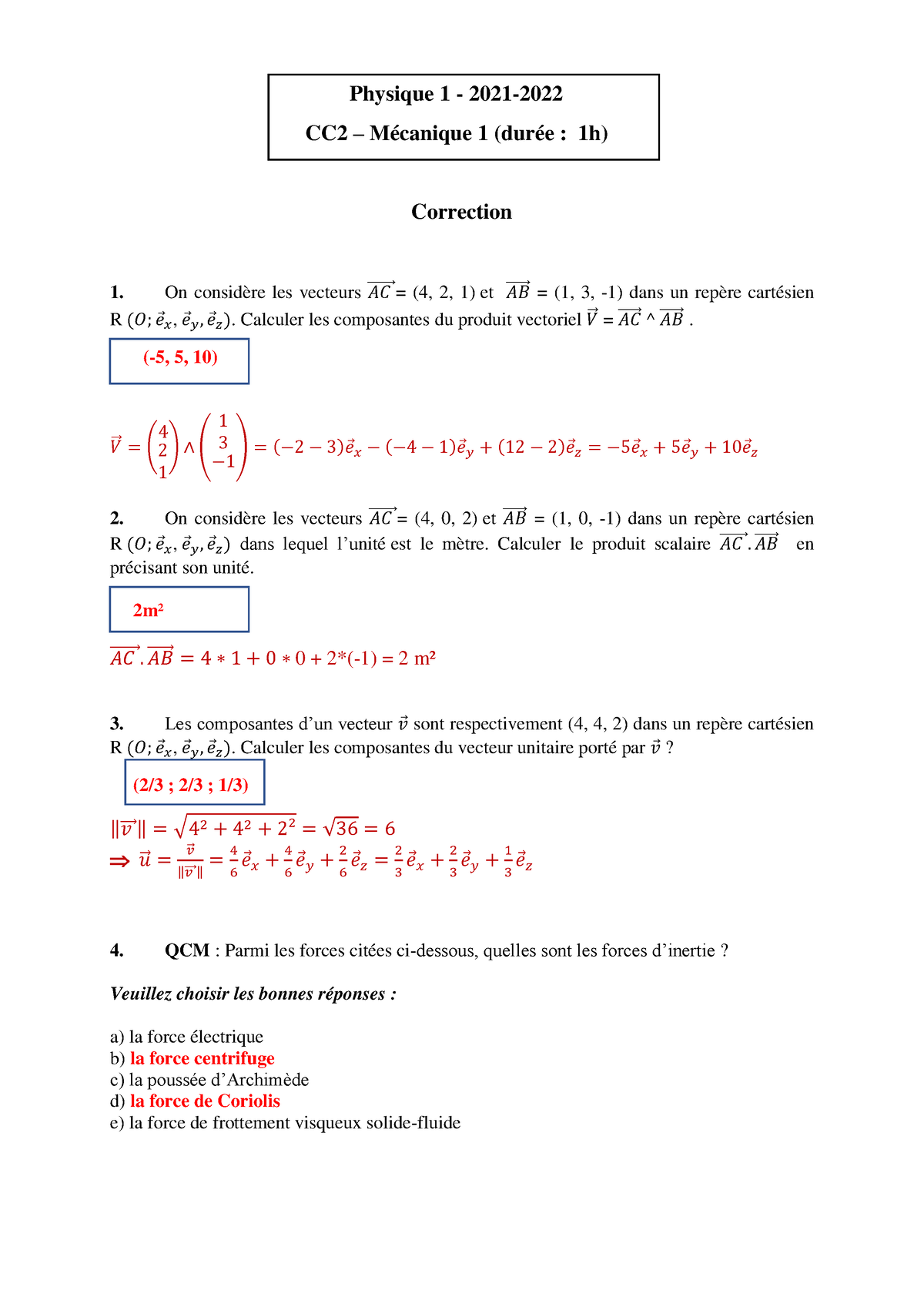 CC2 MÃ©canique 1 Physique 1 Corrig Ã© Pour Ã©tudiants 2021 -2022 ...