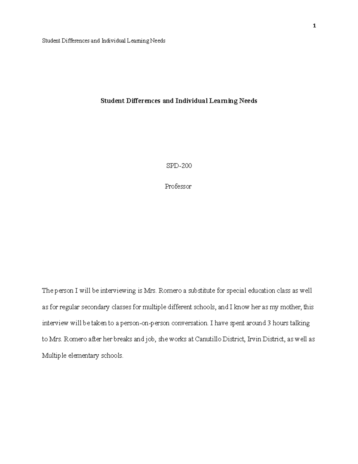 Student Differences and Individual Learning Needs - Romero a substitute ...