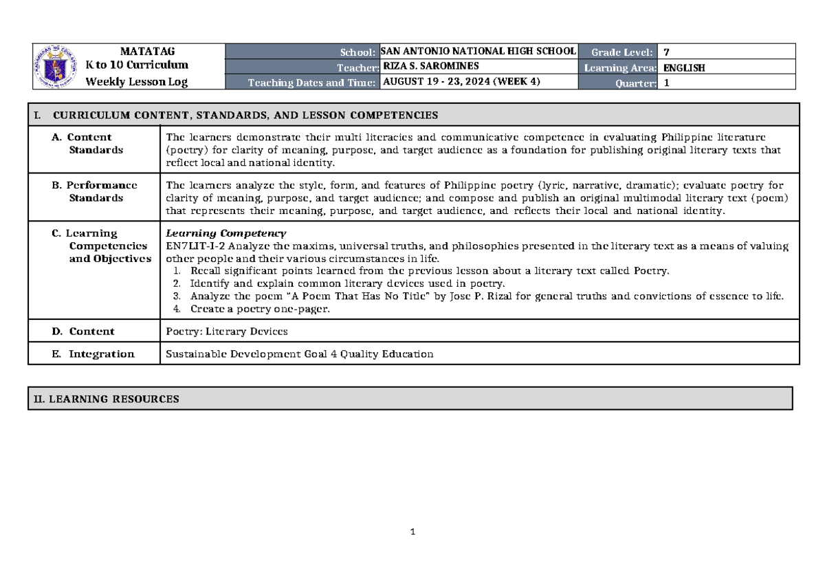 DLL Matatag English 7 Q1 W4 - MATATAG K to 10 Curriculum Weekly Lesson ...