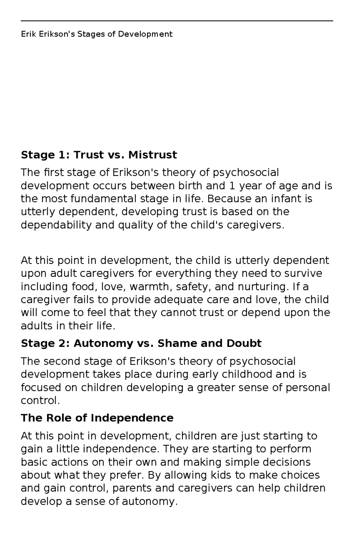 Erik Erikson Notes Erik Eriksons Stages Of Development Stage 1