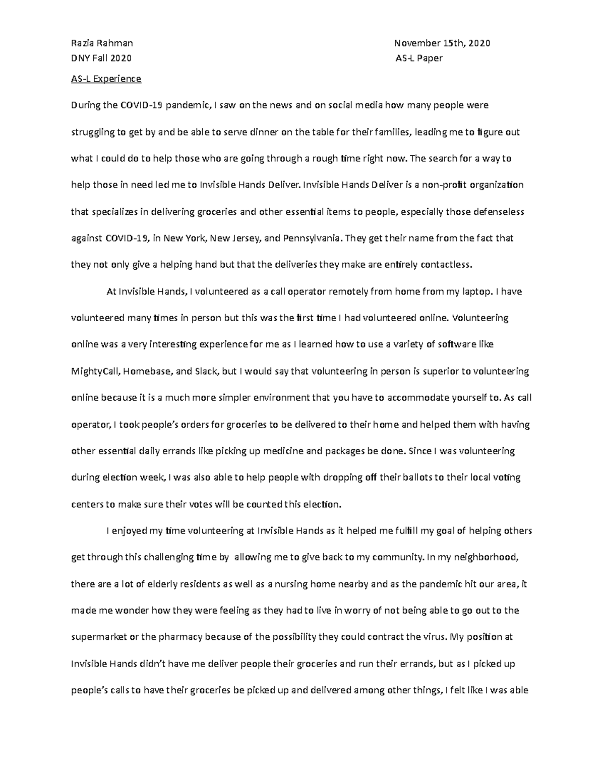 AS-L Paper - ASL essay about community service - Razia Rahman November ...
